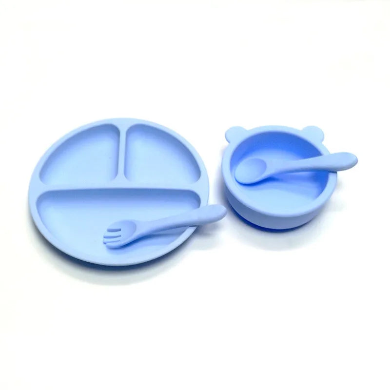 CZSAE 4pcs Silicone Tableware Set &ndash; Safe Suction Cup Design for Children sky blue