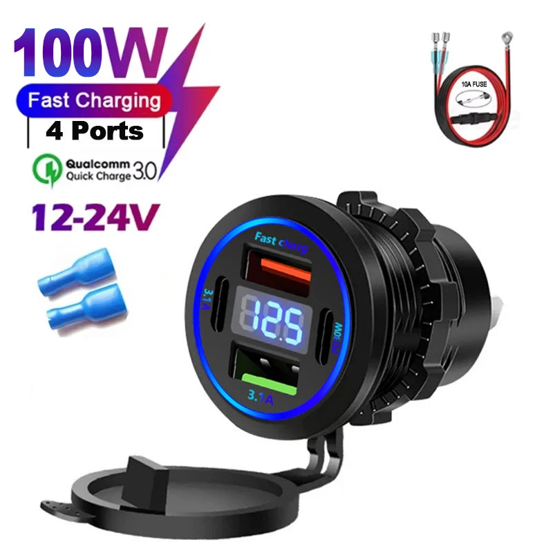 100W Dual Type-C Car Charger Waterproof With Voltmeter 12V 24V