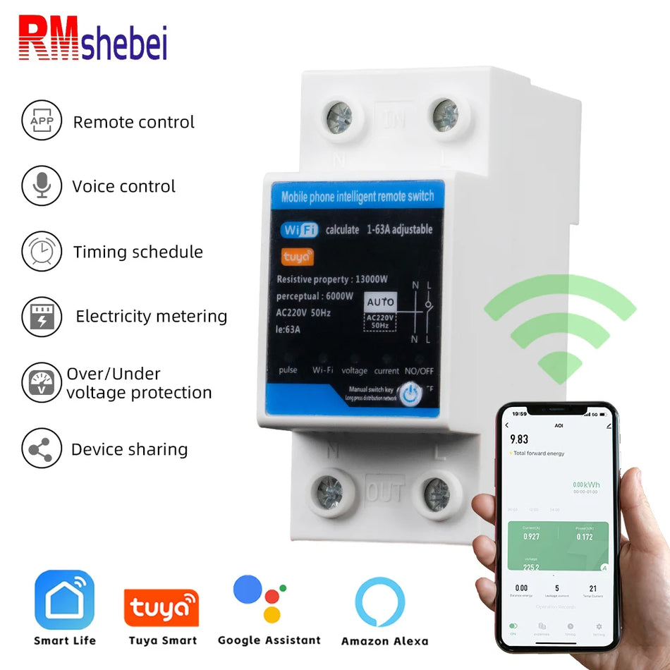RMshebei 2P Tuya WiFi Smart Circuit Breaker 63A with Over/Under Voltage Protection 63A / 2