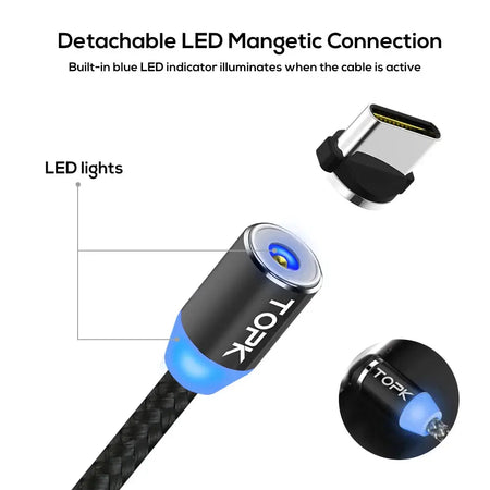 Magnetic Charging Cable 3 IN 1 TOPK 360 Degree Rotating Magnetic Phone Charger Cable Nylon Braided Magnetic Micro USB C Cable by InterCyprus Trading Ltd