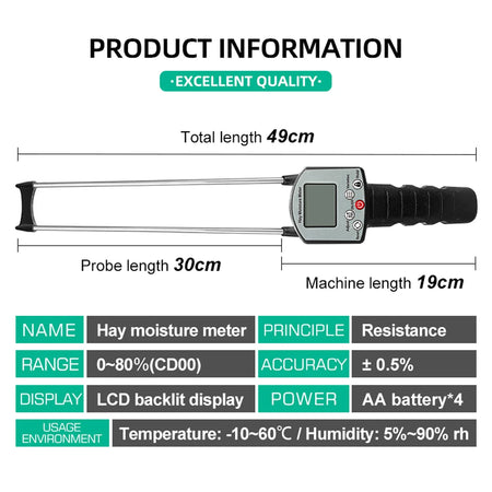 TK100 Hay Moisture Tester LCD Display - 0-80% Water Content