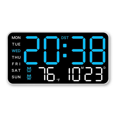 Large LED Digital Wall Clock with Remote Control, Temperature &amp; Date Display White-blue