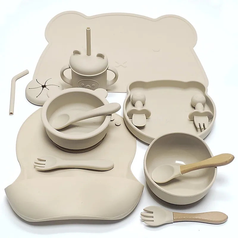 CZSAE 14pcs Silicone Baby Tableware Set &ndash; Drop-Proof and Non-Slip Design Beige