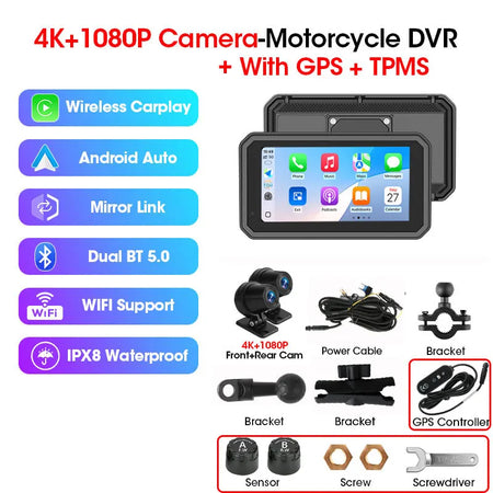 Srnubi 6.25 Inch Moto DVR GPS Motorcycle Navigator &ndash; Wireless CarPlay and Android Auto Support Moto DVR GPS TPMS / 64G
