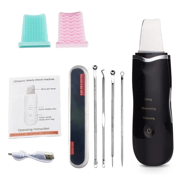 Electric Ultrasonic Skin Scrubber - Blackhead Remover &amp; Facial Lifting Tool Black kit add gift