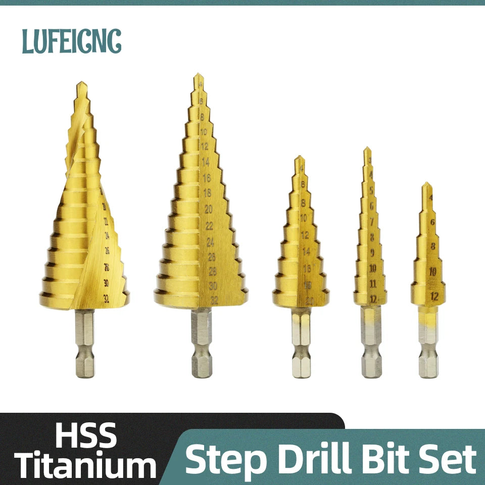 HSS Titanium Step Drill Bit Set for Metal &amp; Wood - High-Speed Steel, 4-12mm, 4-20mm, 4-32mm