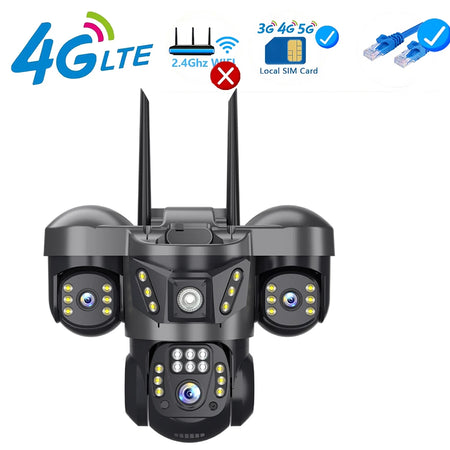 V380 Pro 4G IP Camera 15MP Triple Lenses Triple Screens Human Detection  Video Monitor Outdoor Waterproof Security CCTV Camera 4G Cam No Card / AU Plug