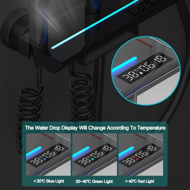Brass Shower Faucet System With Digital Temperature Display, Wall Mounted, Square Shower Head, Chrome Plated Finish