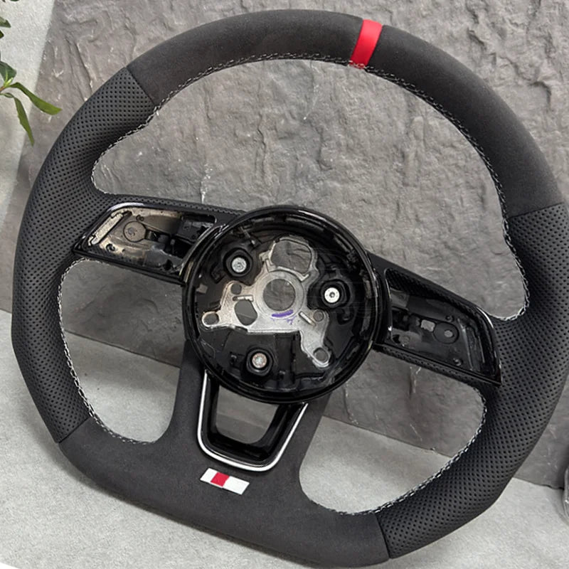 Audi RS3 RS4 RS5 Direksiyon Simidi, Kırmızı Şeritli Yarı Perfore Beyaz Deri