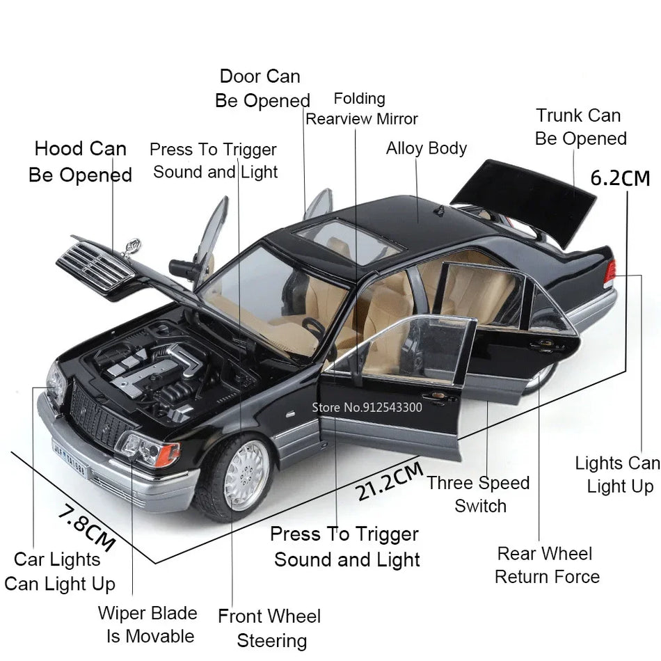 Model avtomobila S320 v merilu 1:24 iz diecast materiala s zvokom in lučmi, povlečni volan.