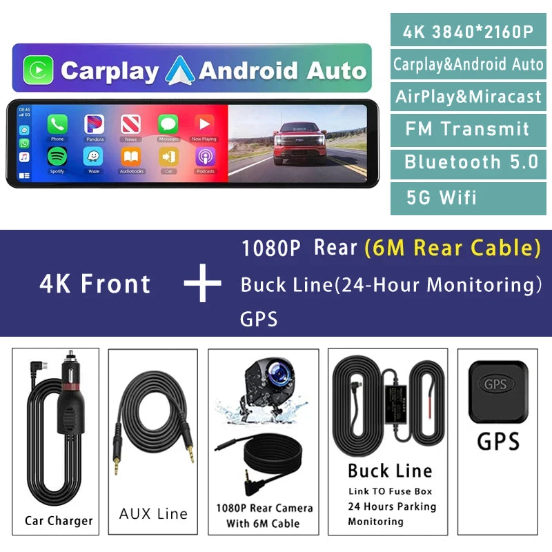 11.26 Inch 4K Car DVR Dash Cam - CarPlay Android Auto GPS 4K Front-6M-BL-GPS / 128G