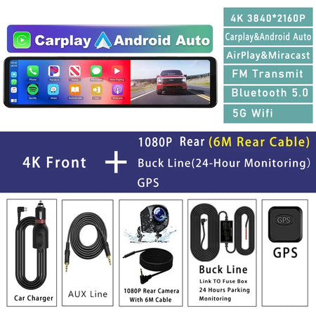 11.26 Inch 4K Car DVR Dash Cam - CarPlay Android Auto GPS 4K Front-6M-BL-GPS / 128G