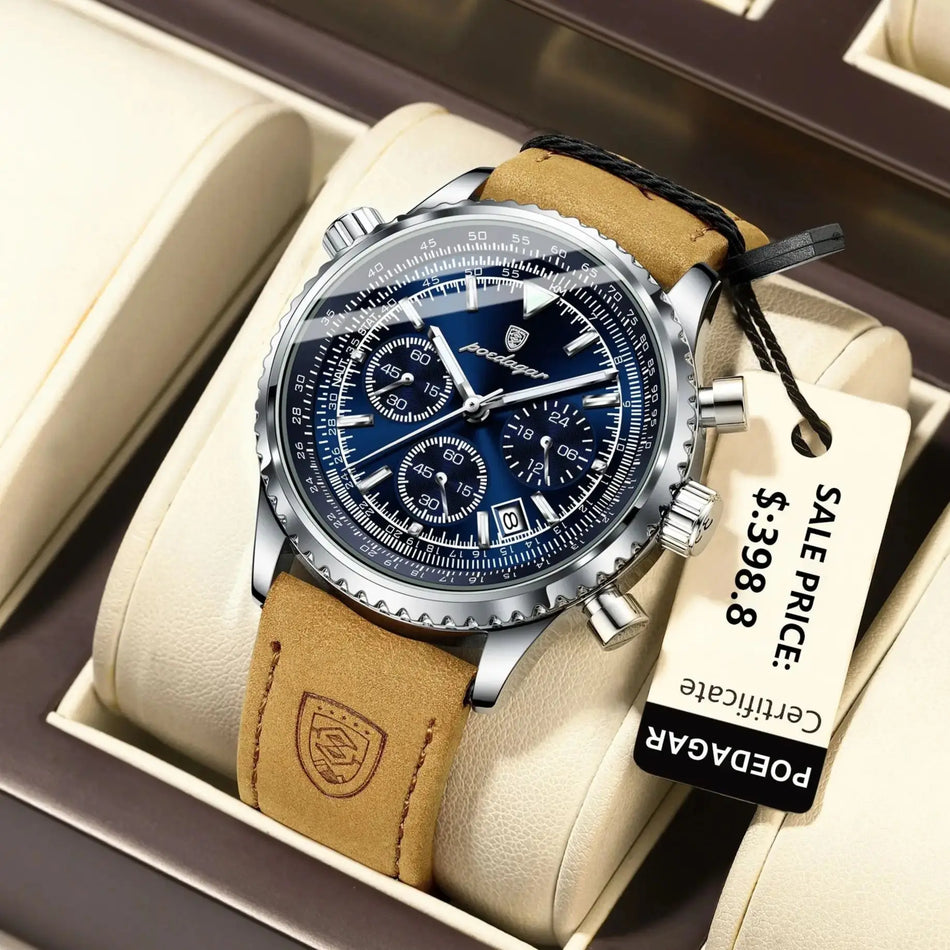 Luxe Heren Horloge POEDAGAR Waterdichte Chronograaf Leren Band