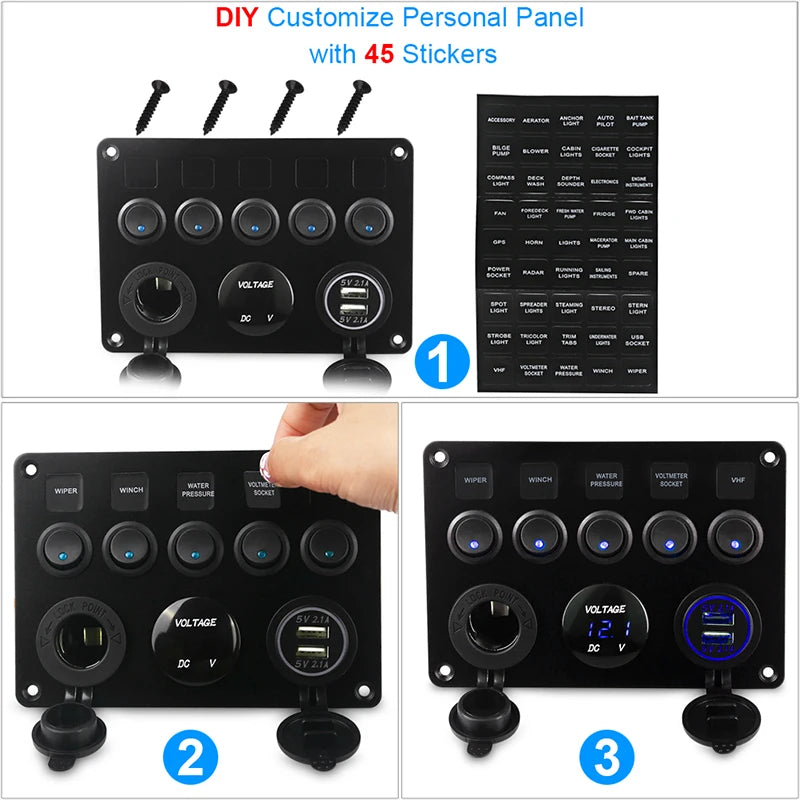 5 Gang Marine Boat Switch Panel &ndash; LED Waterproof Voltmeter