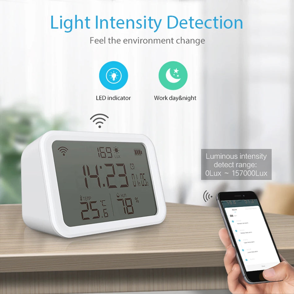 Tuya WiFi 4 In 1 Luxmeter Temperatuur Vochtigheid Alarmklok