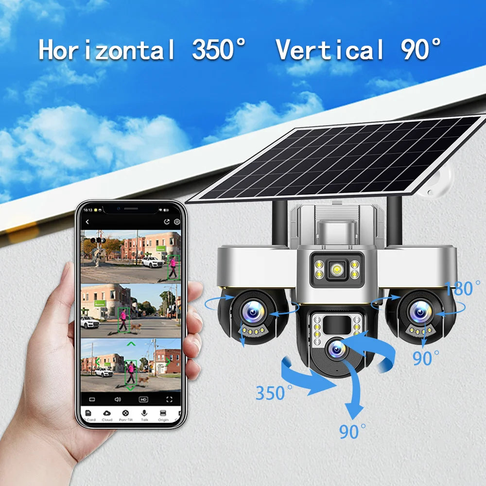 V380 Pro WIFI Three PTZs Lens Solar Camera 15MP Outdoor Waterproof CCTV Mobile Tracking IP Cam Night Vision Two-Way Audio Camera