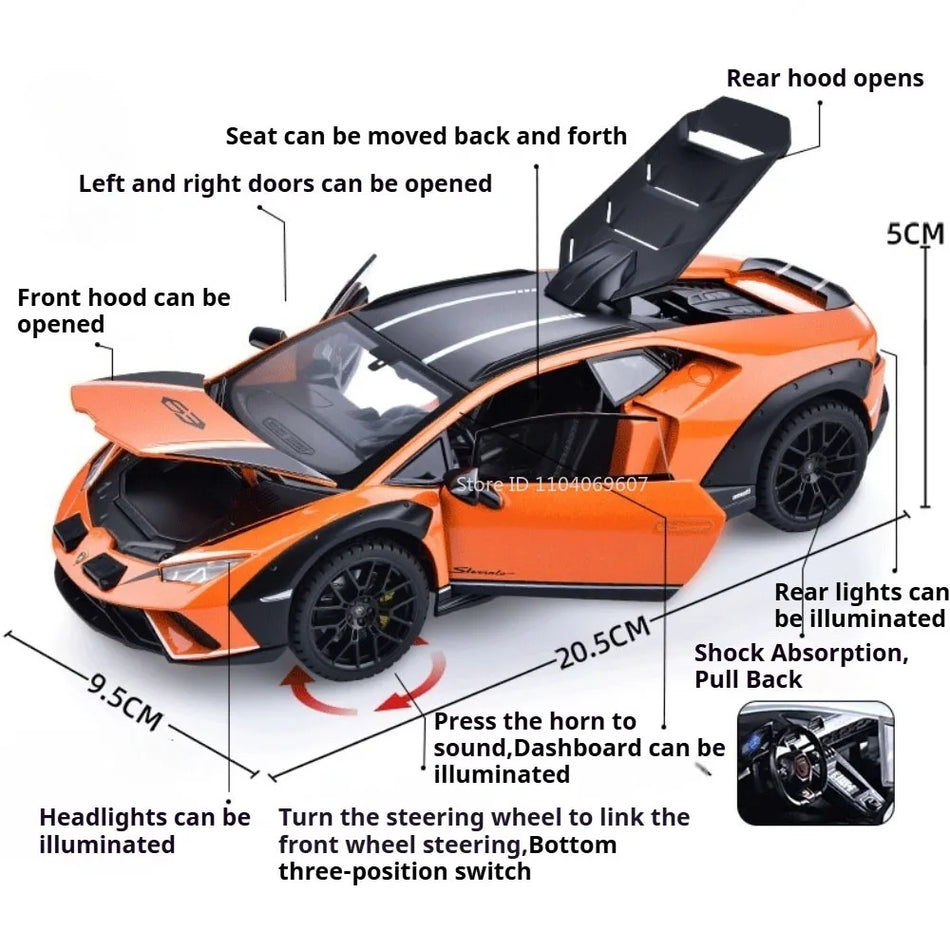 Model de mașină din metal turnat 1:24 cu direcție pe roțile din față și uși deschise.