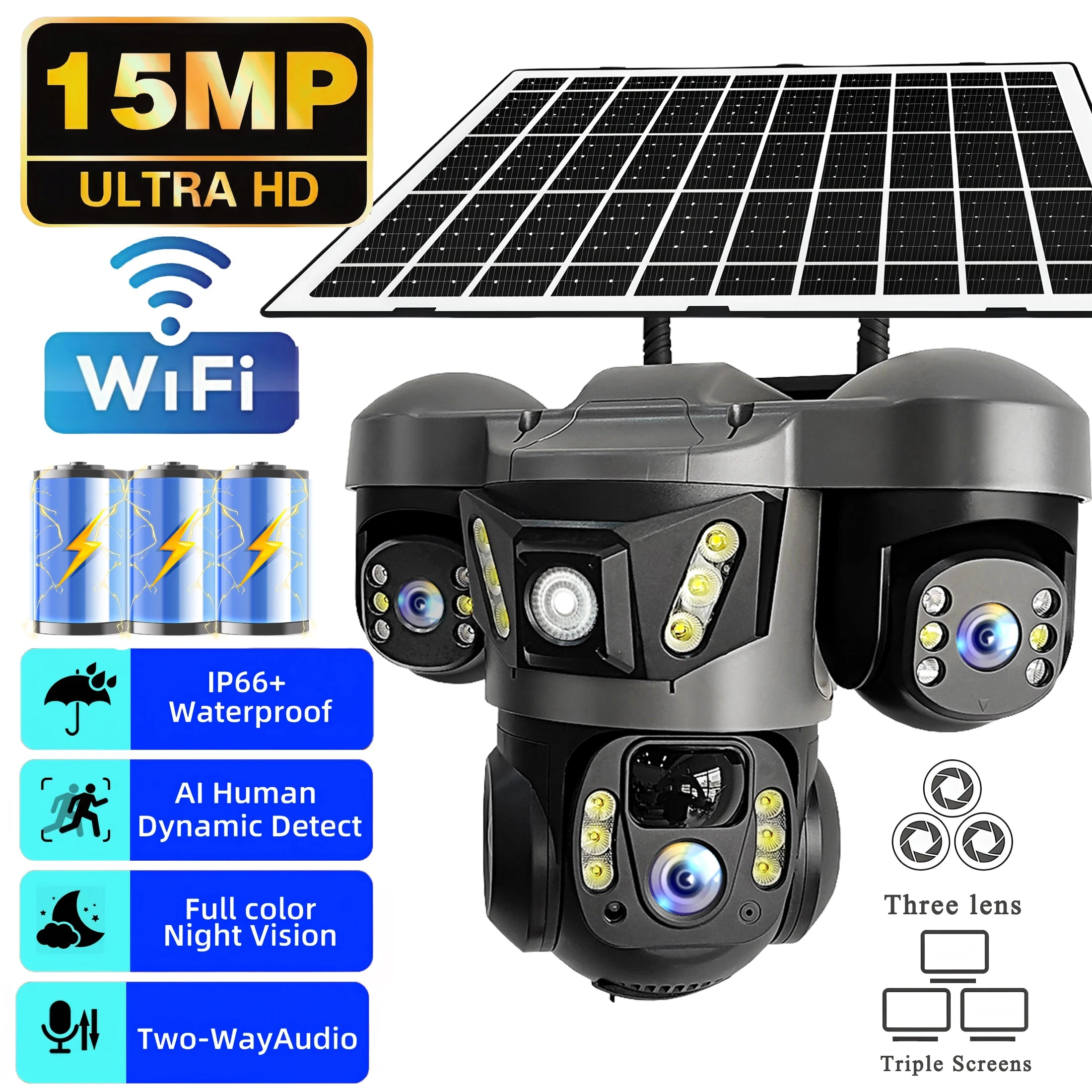 15MP WIFI Solar Camera Triple Lens Triple Screen Two-Way Audio Outdoor IP66 Waterproof HD Security CCTV Wireless Network Camera