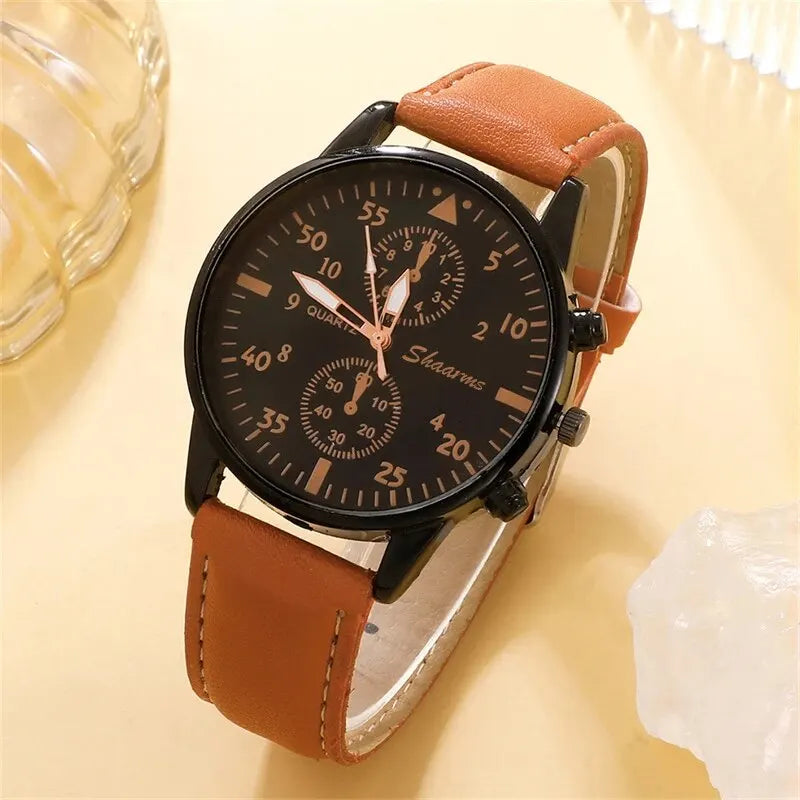 Luxury Brown Leather Quartz Watch with Bracelet Set for Men