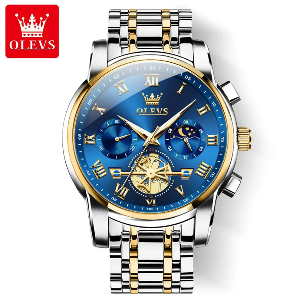 OLEVS Classic Roman Dial Quartz Watch with Luminous Chronograph and Waterproof Design No / Golden blue