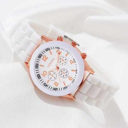 Elegant Women's White Silicone Quartz Watch Set