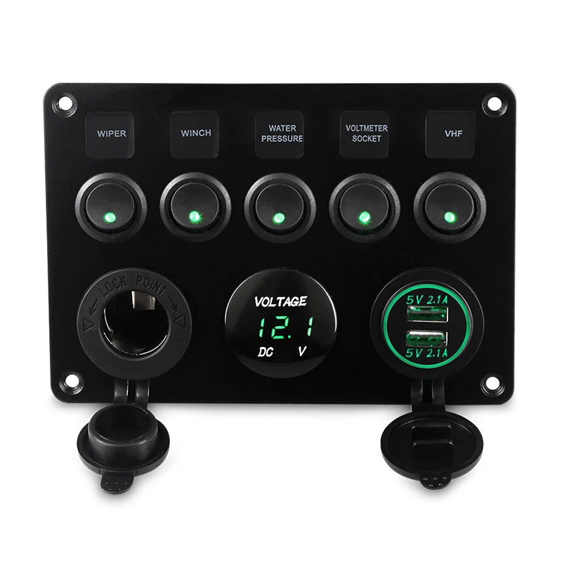 5 Gang Marine Boat Switch Panel &ndash; LED Waterproof Voltmeter Green A