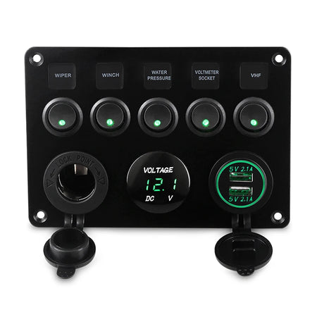 5 Gang Marine Boat Switch Panel &ndash; LED Waterproof Voltmeter Green A
