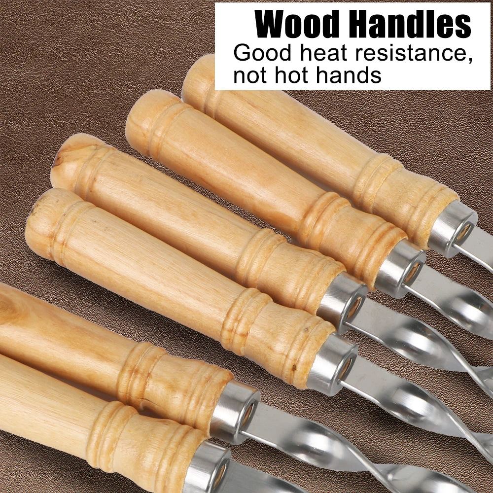 Long Handle Stainless Steel BBQ Skewers with Wooden Grip - 6pcs Set
