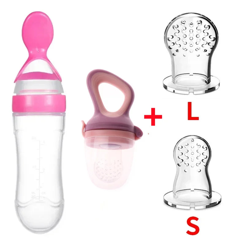 Safe Silicone Baby Feeding Spoon Bottle and Fruit Feeder Kit Pink 4Pcs Set B
