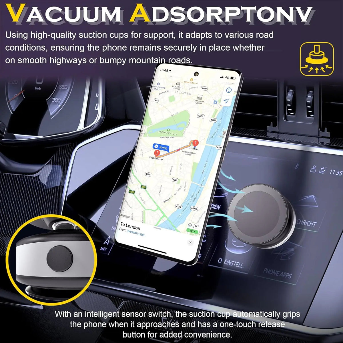 CrownQu Electric Vacuum Magnetic Car Mount Stand &ndash; 360 Degree Rotation with Strong Suction Cup