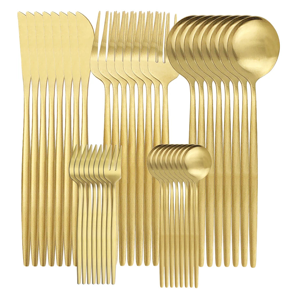 KNGZI 40Pcs Dinnerware Set &ndash; Elegant Matte Gold Cutlery Gold