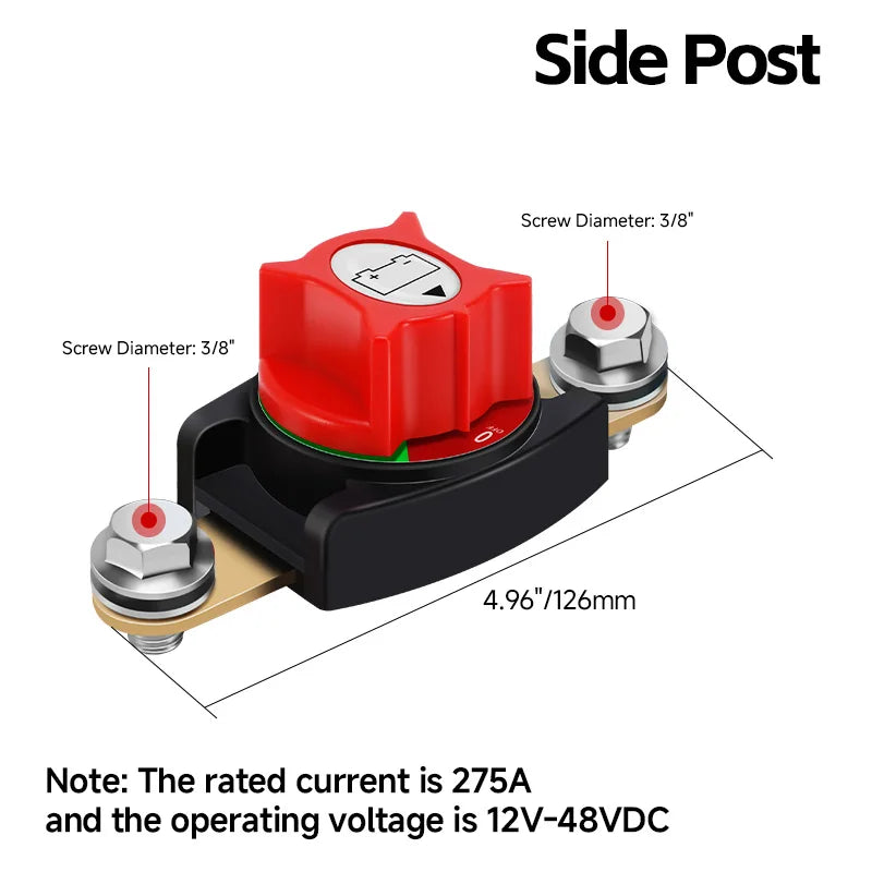 12-48V Car Isolator Disconnect Rotary Switch - 275A Battery Cutoff for Car, RV, Boat Side Post
