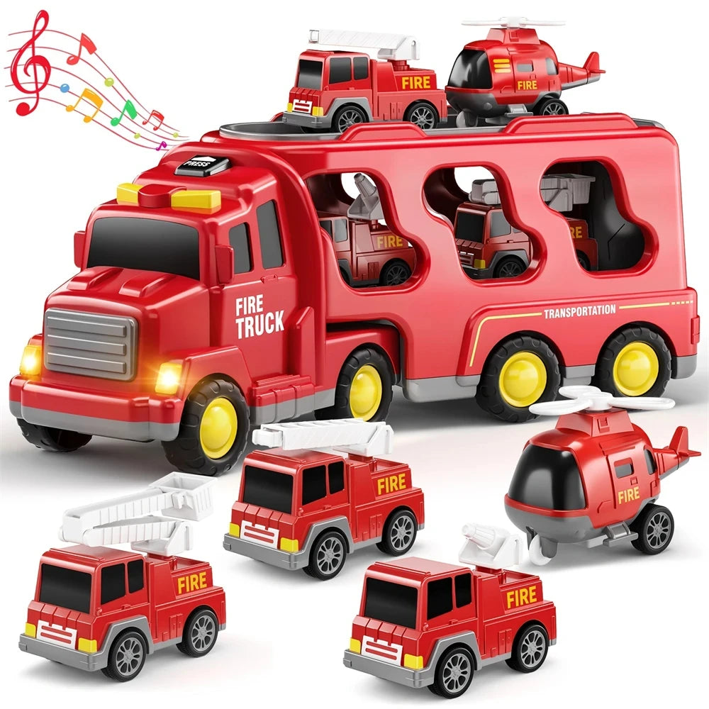 Friction Power 5-in-1 Carrier Truck &amp; Fire Engine Toy Set for Toddlers