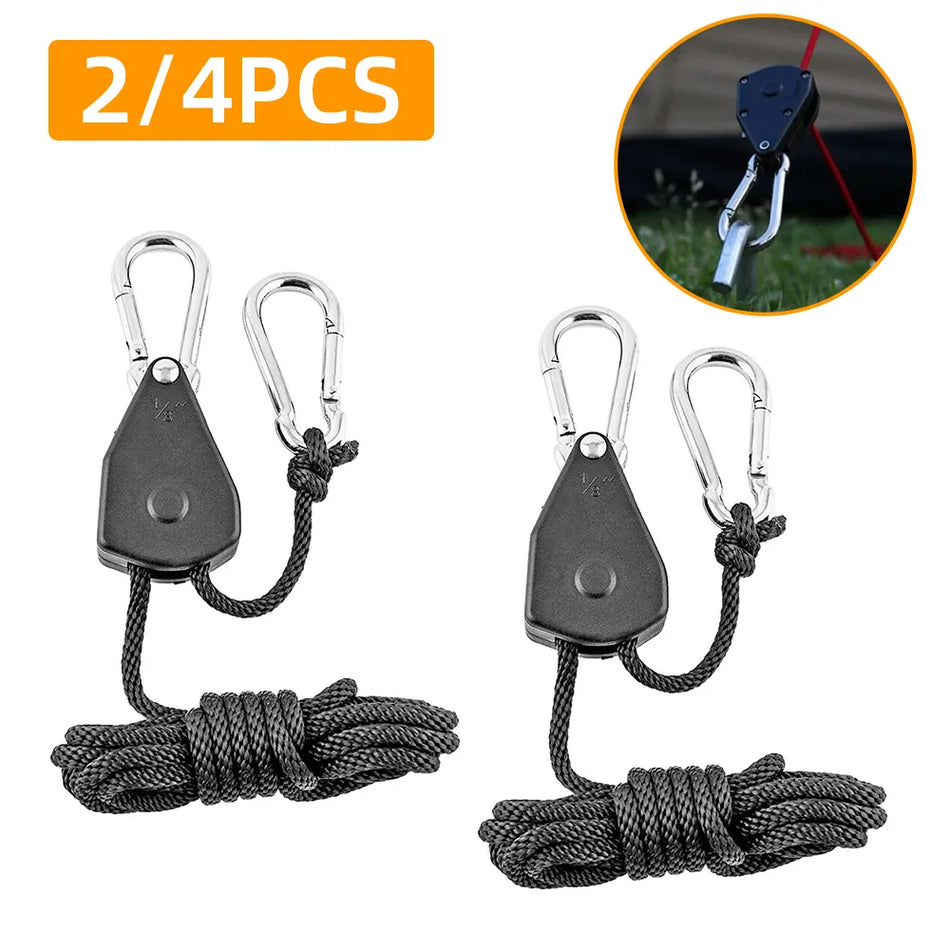 2/4pcs Adjustable 8inch Pulley Hook Camping Tent Tie Down Rope Tightener Ratchet Hangers Awning Rope Hook Canopy Buckle