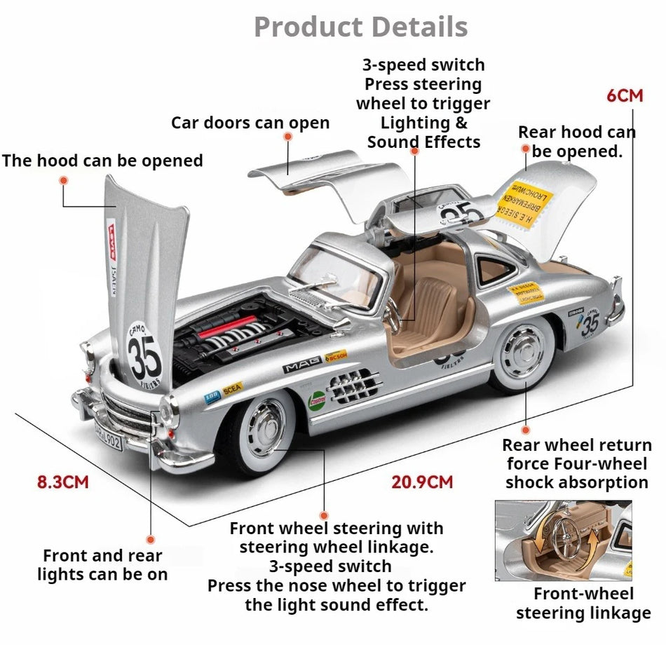 1:24 mērogā metāla auto modelis ar atveramām durvīm, gaismu un skaņu