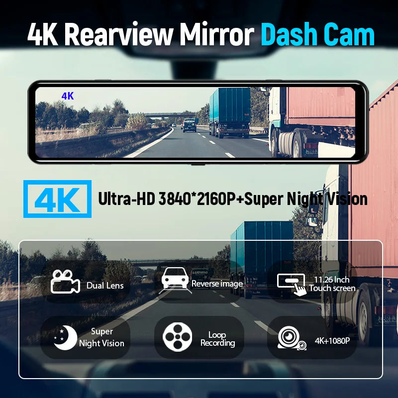 Acceo A45P 4K Dashcam - 12 Inch Mirror DVR With GPS