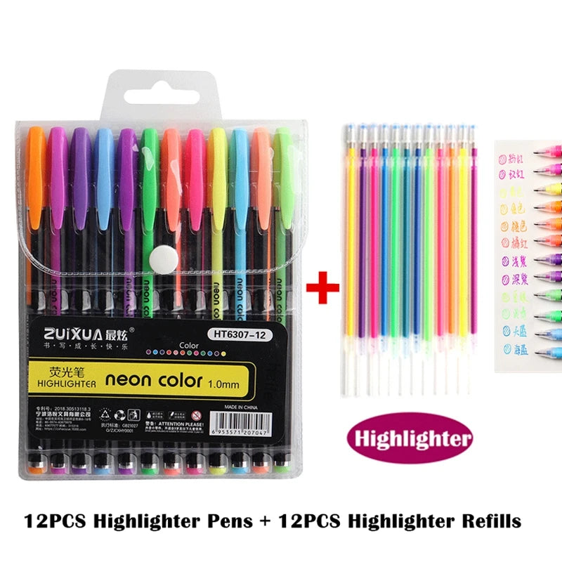 48 Metallic Glitter Gel Pens Set - Ideal for Colouring &amp; Drawing 12pc pen 12 Refill A