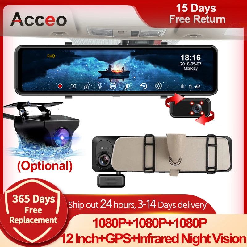 ACCEO 2.5K Dash Cam Mirror 12In 3-Channel &ndash; Night Vision