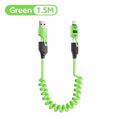 65W 4 in 1 Spring Telescopic USB-C Quick Charger Cable for iPhone, iPad, MacBook Green