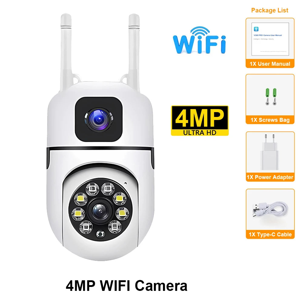 WiFi IP Camera Security Protection Dual Lens Dual Screen Wireless Indoor Monitor Auto Track PTZ CCTV Video Surveillance V380 Pro wifi camera only / EU Plug
