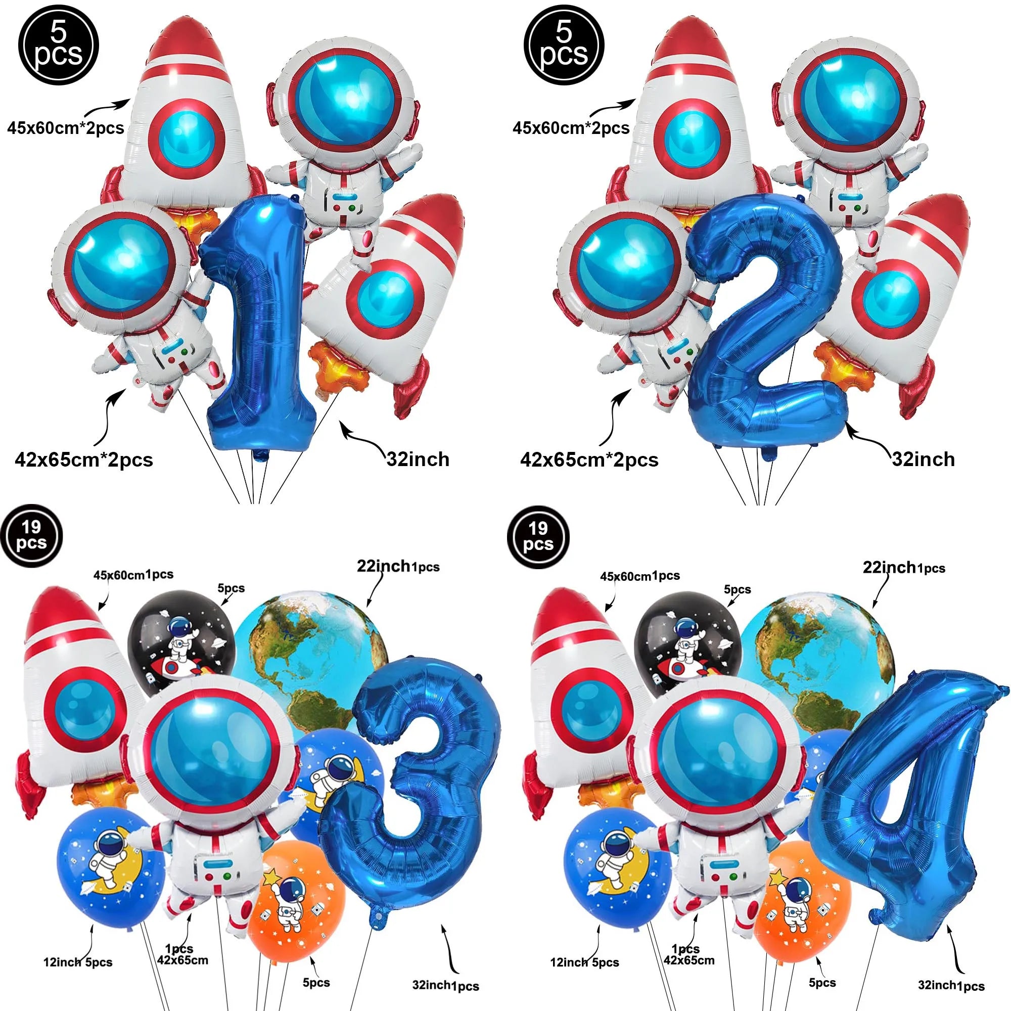 Galaxy Space Balloons Set - 32-Inch Number, Rocket &amp; Astronaut for Boys' Parties