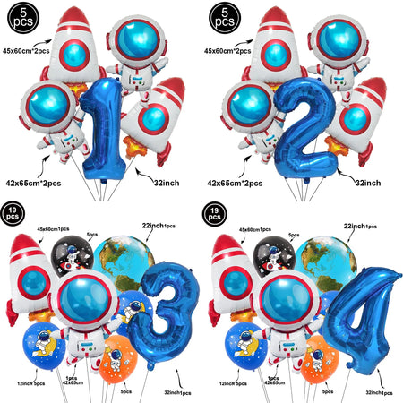 Galaxy Space Balloons Set - 32-Inch Number, Rocket &amp; Astronaut for Boys' Parties