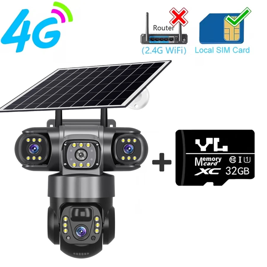 3 Lens 4G Solar Camera 15MP HD Security CCTV Waterproof Night Vision Two-Way Audio Camera Mobile Tracking 4G IP Cameras V380 Pro 4G Camera 32G Card