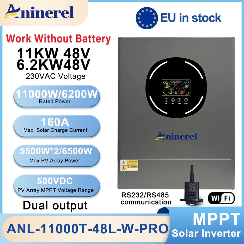 Inverter solare ibrido Aninerel 11KW 2 MPPT doppia uscita 48V compatibile LiFePO4 con WiFi integrato BMS 220V