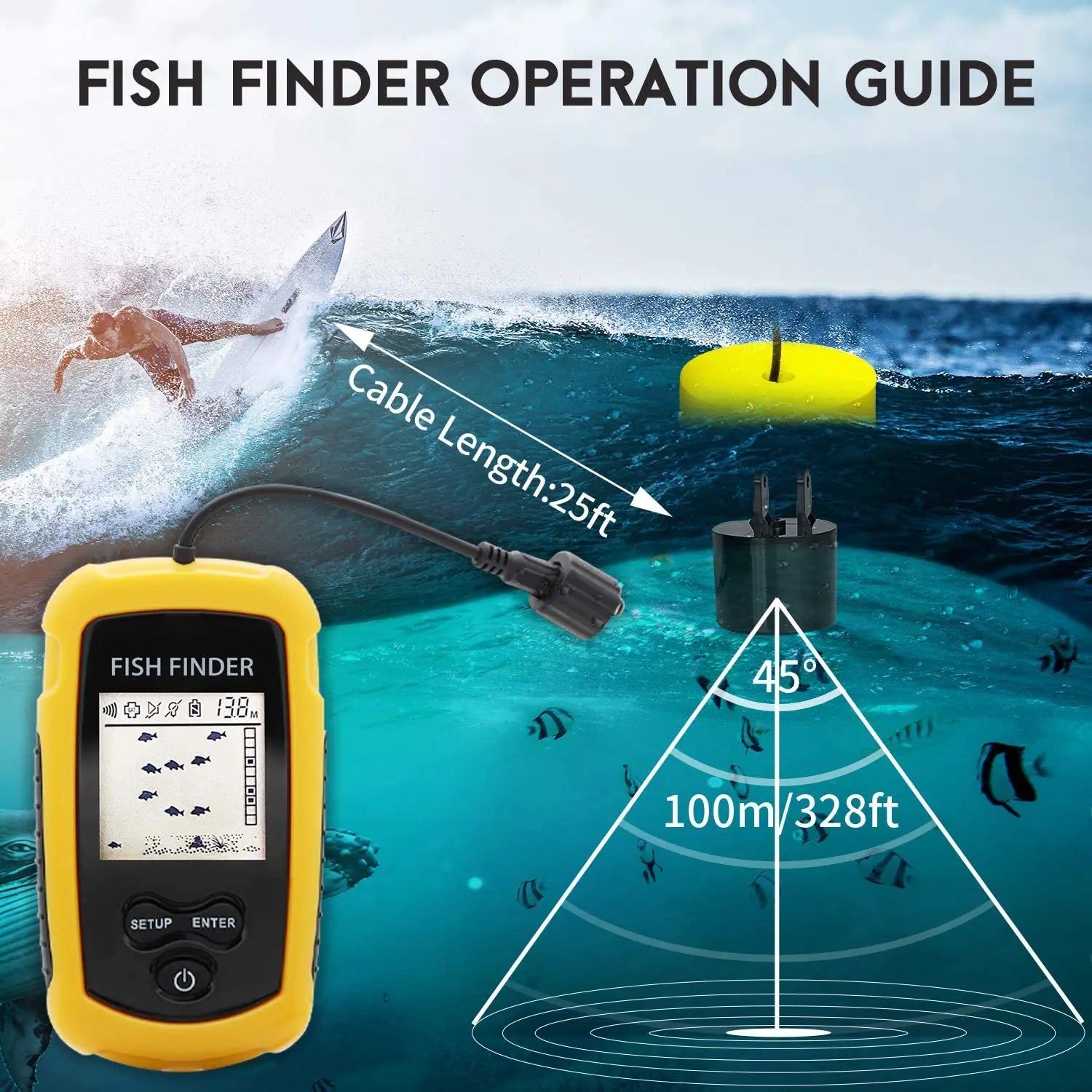Portable Sonar Fish Finder with 100M Range and 45&deg; Coverage - Ideal for Lake &amp; Sea Fishing