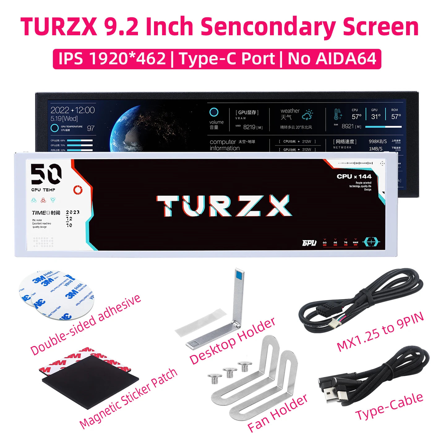 TURZX 9.2 Inch USB Secondary Screen &ndash; High Resolution 1920x462 Display