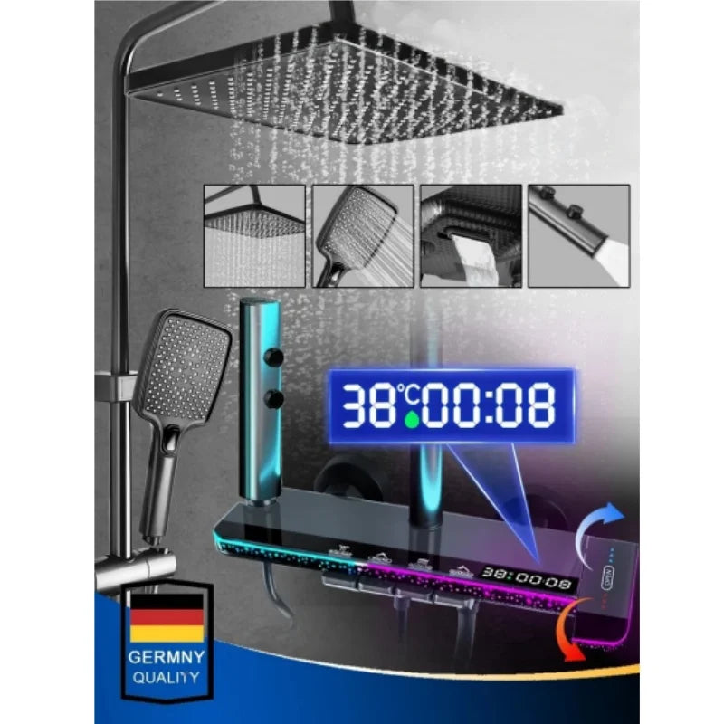 Grå Duschset Fyrfunktion Smart Digital Display Duschsystem Regntryck Väggmonterad Pianotangent Duschkran Set