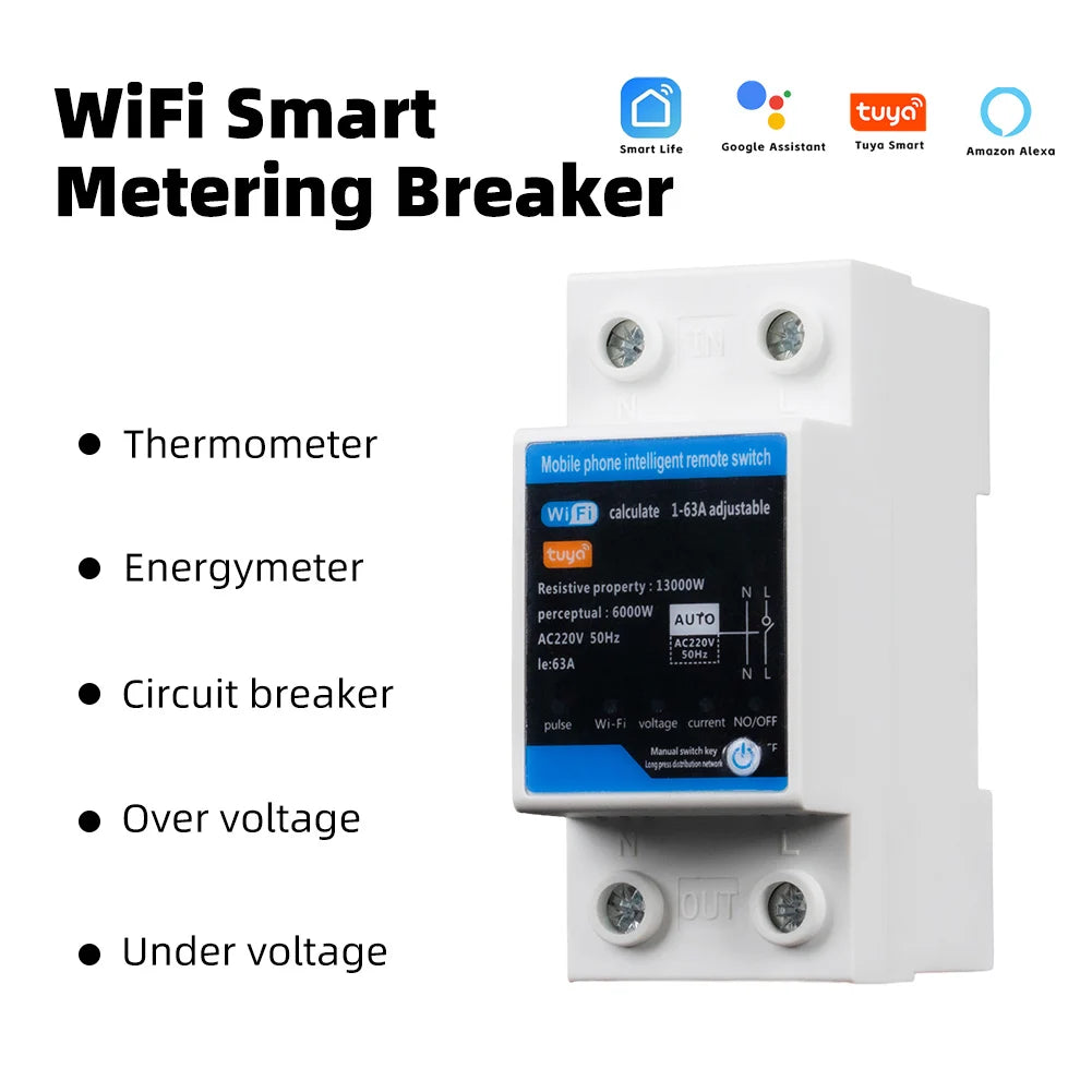 RMshebei 2P Tuya WiFi Smart Circuit Breaker 63A with Over/Under Voltage Protection