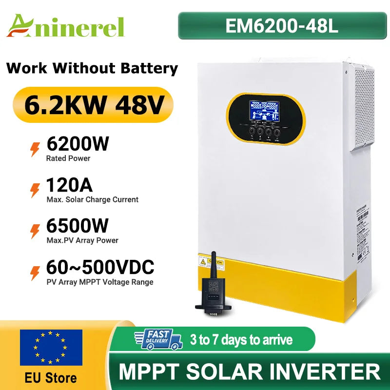 Aninerel 6.2KW 48V Hybrid Solar Inverter with WiFi, Pure Sine Wave MPPT 120A LiFePO4 Compatible
