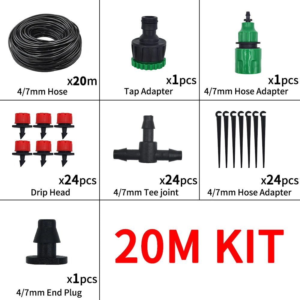 Portable 20M Micro Drip Irrigation System with Adjustable Drippers - Automatic Garden Watering Kit 20M